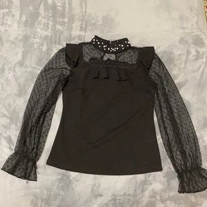 Black Sheer Sleeve Top with Pearls
